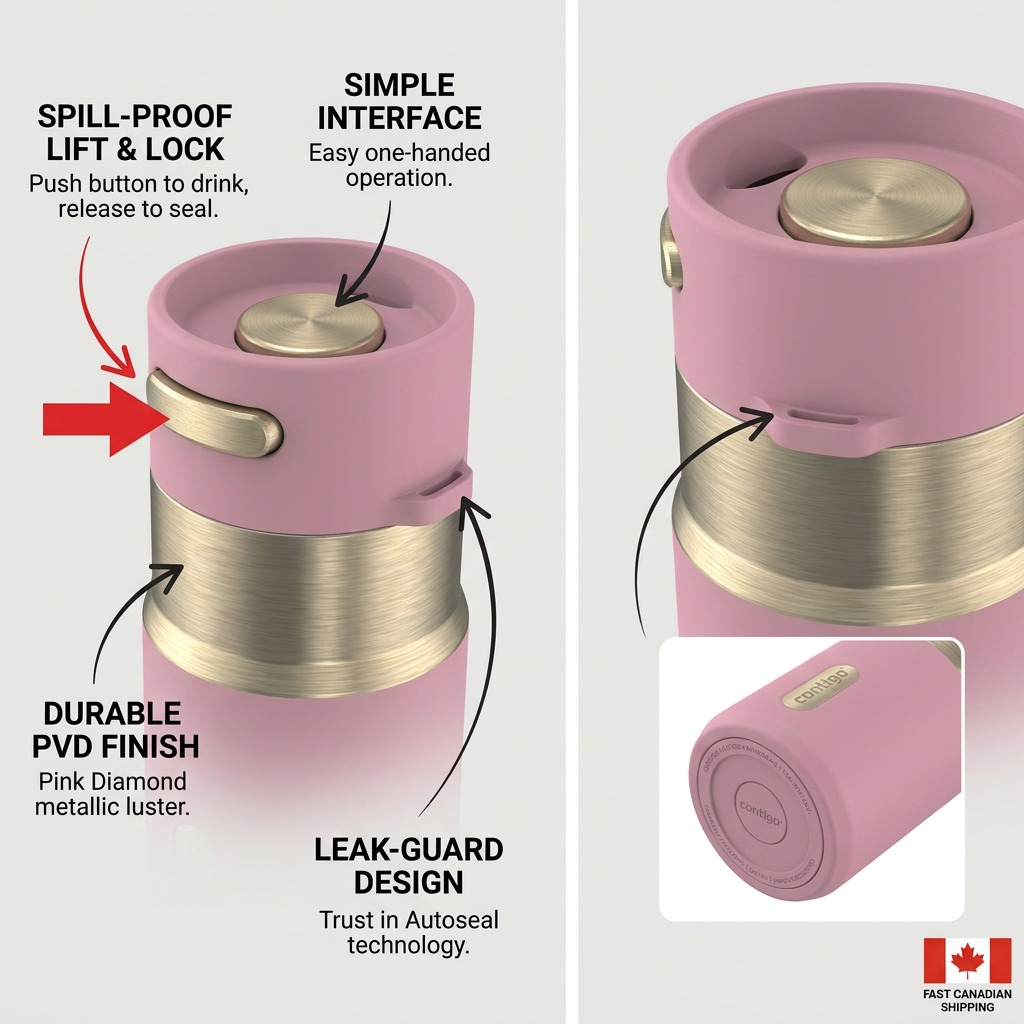 Feature graphic of the Pink Diamond Contigo Pinnacle Travel Mug showing Autoseal one-handed lid technology.