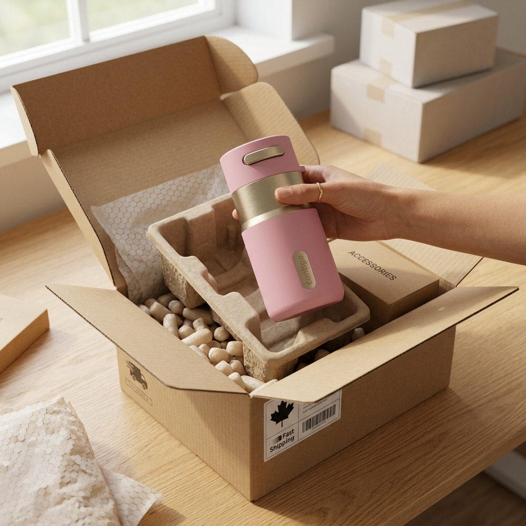 A hand lifts a pink Contigo Pinnacle 10oz Travel Mug from secure, padded shipping box packaging.
