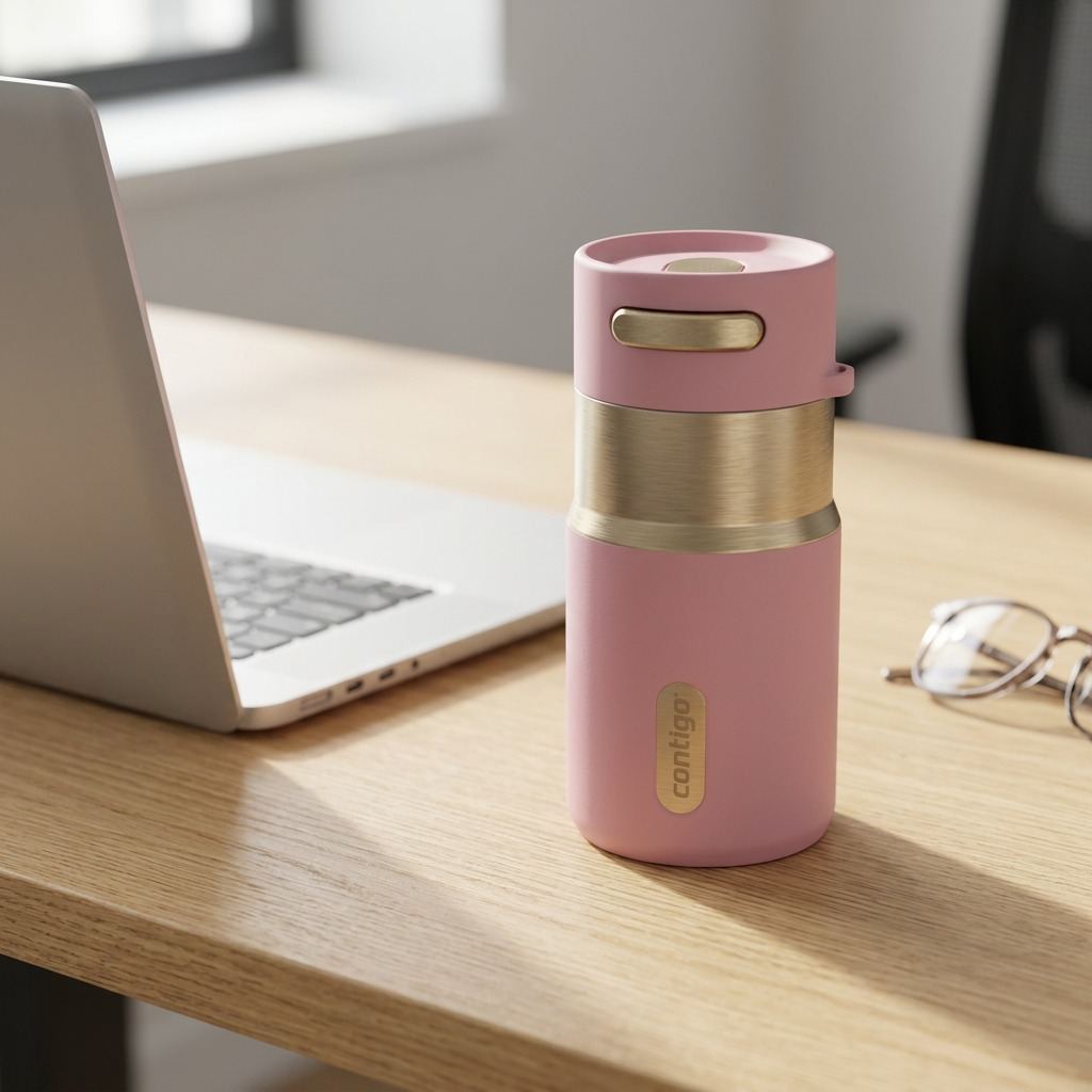 Pink and gold Contigo Pinnacle 10oz travel mug on a wooden desk next to a laptop and glasses.
