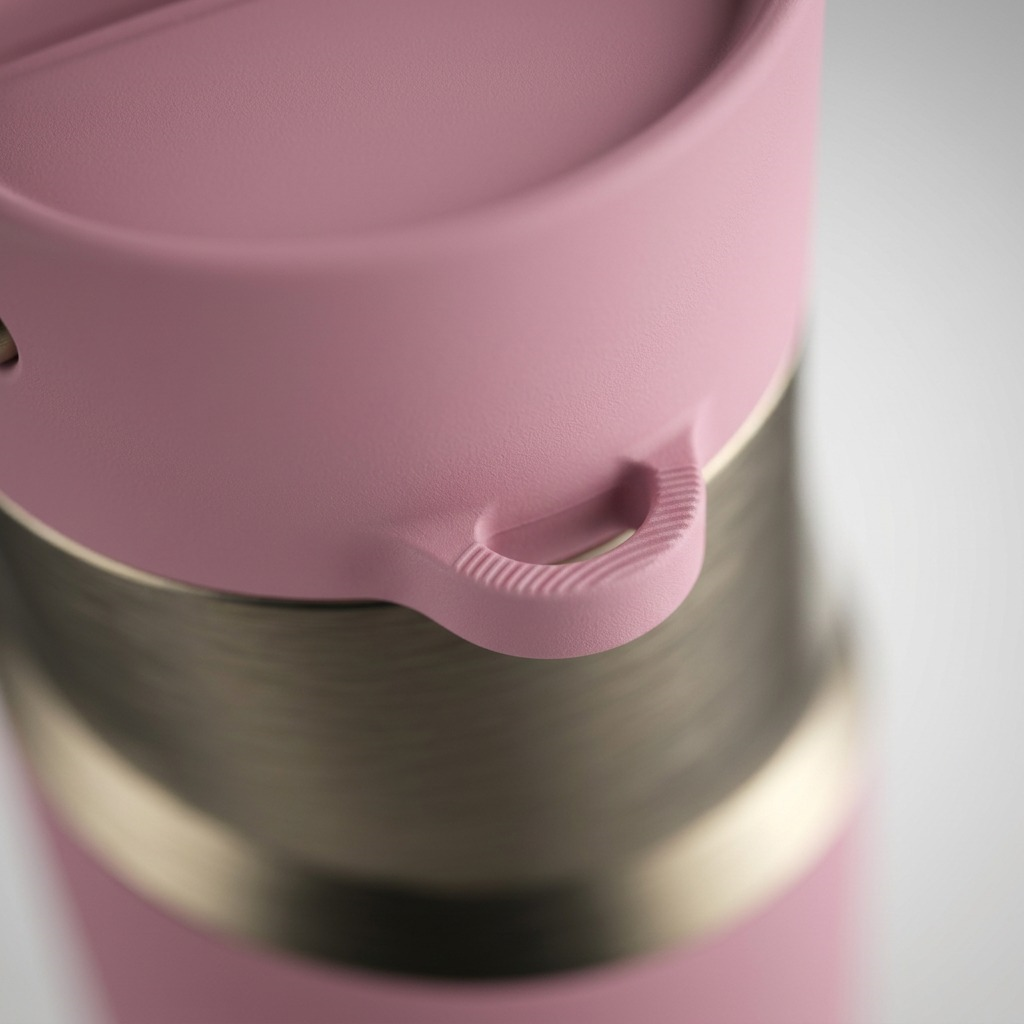 Macro detail of the Contigo Pinnacle Pink Diamond travel mug featuring a textured lid and PVD finish.