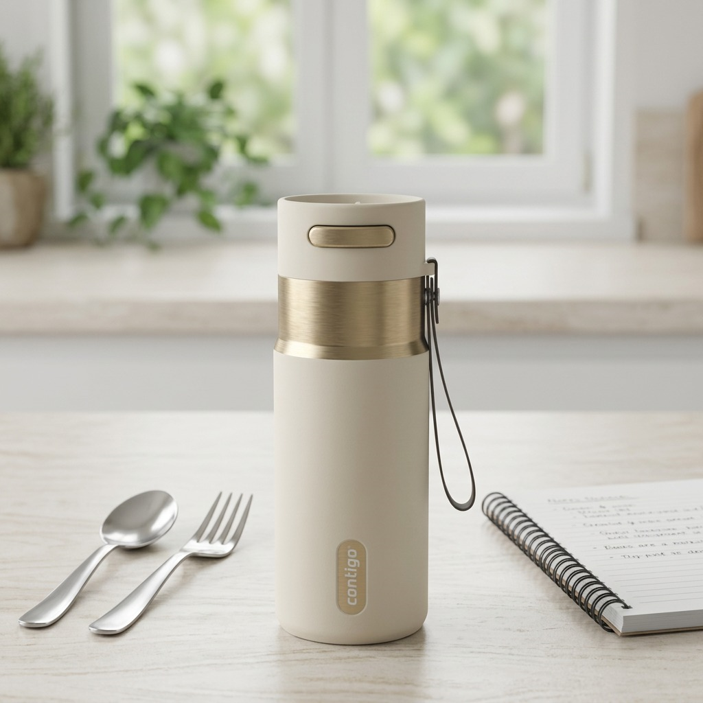 A 16 oz Contigo West Loop 2.0 mug in Oatmilk sits on a desk beside a spoon, fork, and spiral notebook.