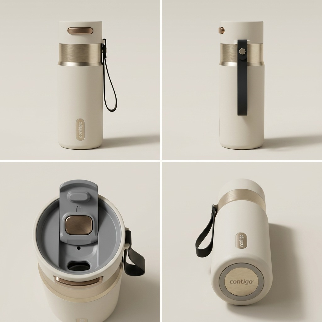 Four angles of the oatmilk Contigo West Loop 2.0 mug, showing the Autoseal lid and carry strap.