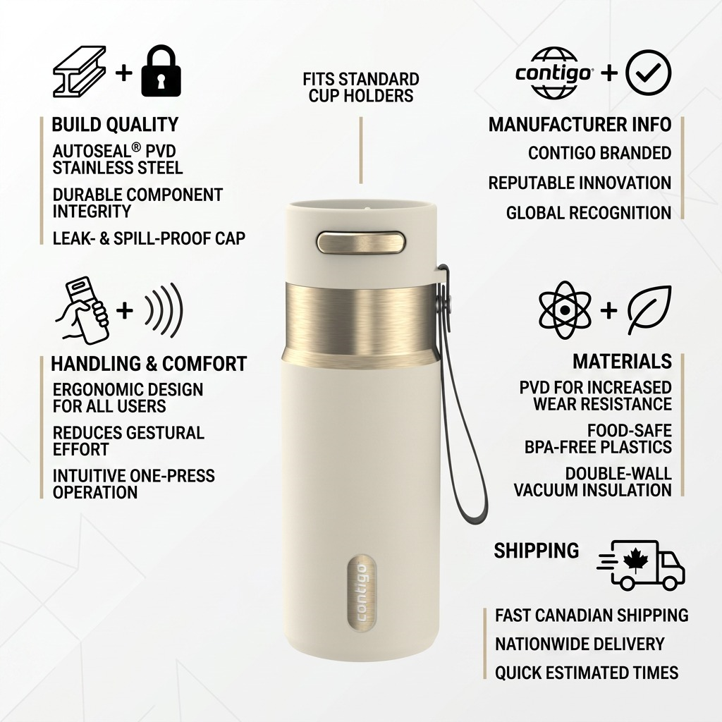 Contigo Oatmilk PVD mug infographic highlighting build quality, ergonomic handling, and fast Canadian shipping.