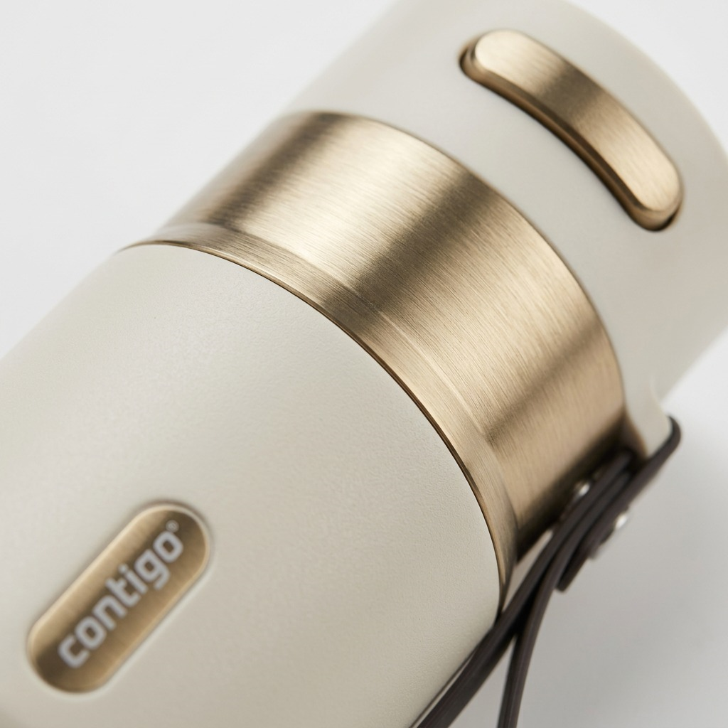 Extreme macro of the Oatmilk Contigo West Loop 2.0 mug showing the brushed gold metal accent band.