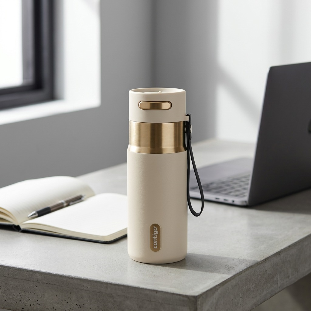 Contigo West Loop 2.0 Oatmilk travel mug on a desk with a laptop and open notebook in neutral light.