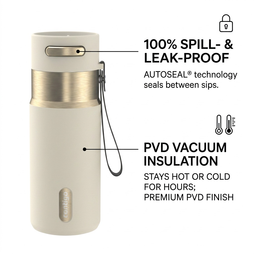 Contigo West Loop 2.0 in Oatmilk features leak-proof Autoseal tech and vacuum insulation.