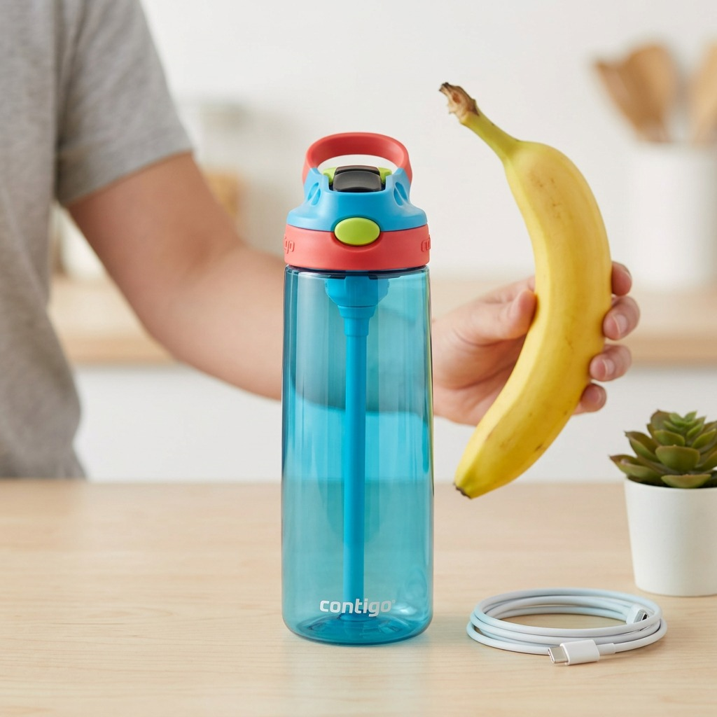 A Contigo 20 oz water bottle stands next to a hand-held banana and a phone charger for scale.