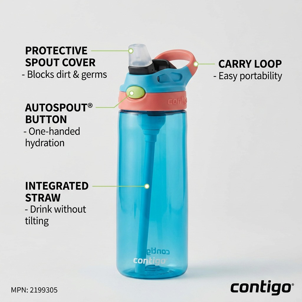 Feature graphic shows the 20 oz Contigo Autospout water bottle with callouts pointing to key operational features like the push-button straw and protective spout cover.