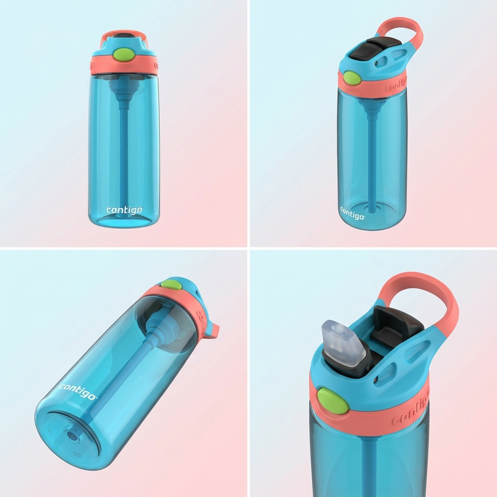 A premium ecommerce matrix grid displaying the Contigo 20 oz Blue Raspberry straw water bottle from four different angles.