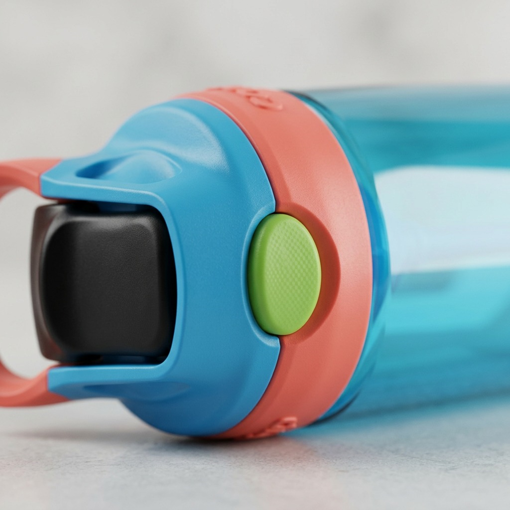 A macro photo details the multi-texture green button and precise plastic seams on the Contigo bottle lid.