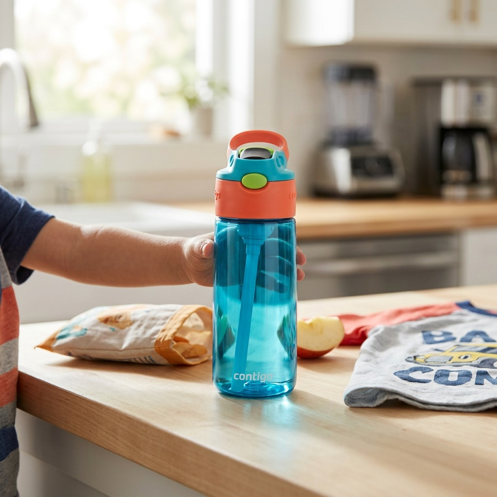 A lifestyle photo showing the blue Contigo Autospout water bottle on a modern kitchen counter next to fruit.