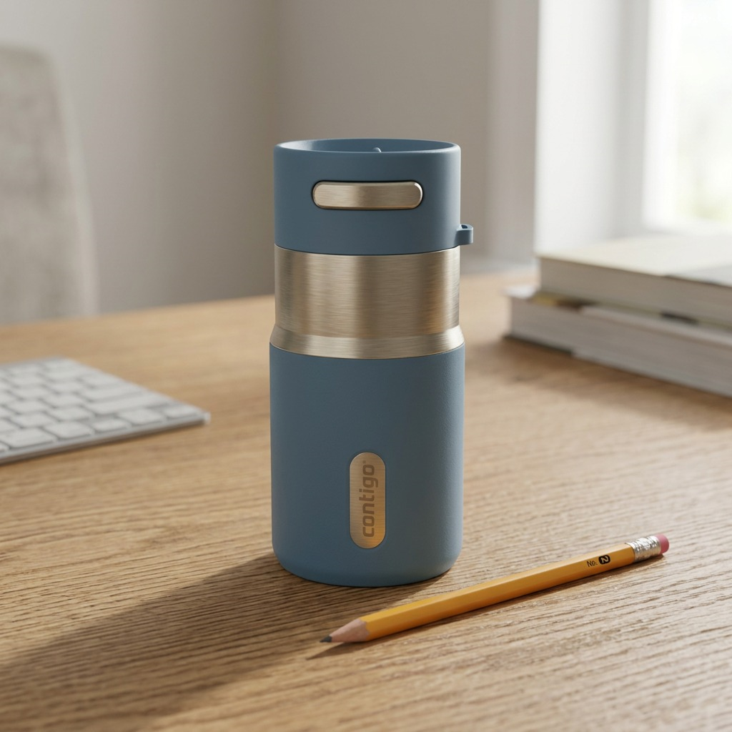 Denim blue Contigo Autoseal PVD 10oz tumbler on a desk next to a pencil for scale reference.