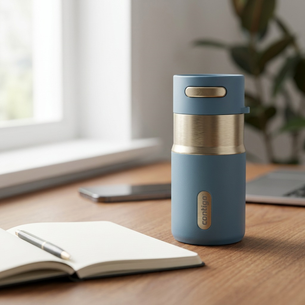 Denim blue Contigo Autoseal PVD 10oz tumbler on a wooden desk with a notebook and pen.