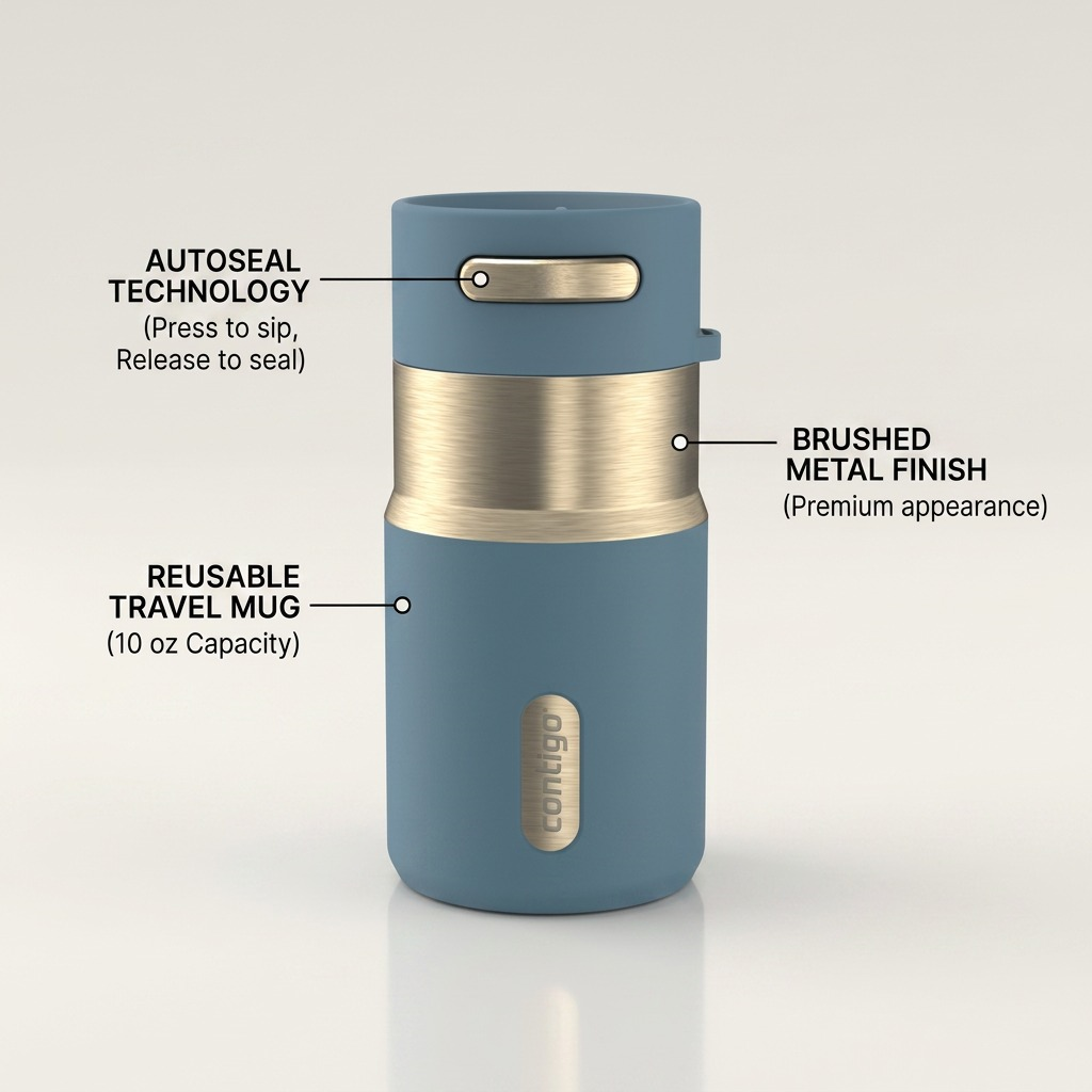 Denim blue 10oz Contigo Autoseal tumbler featuring a brushed metal finish and spill-proof button.