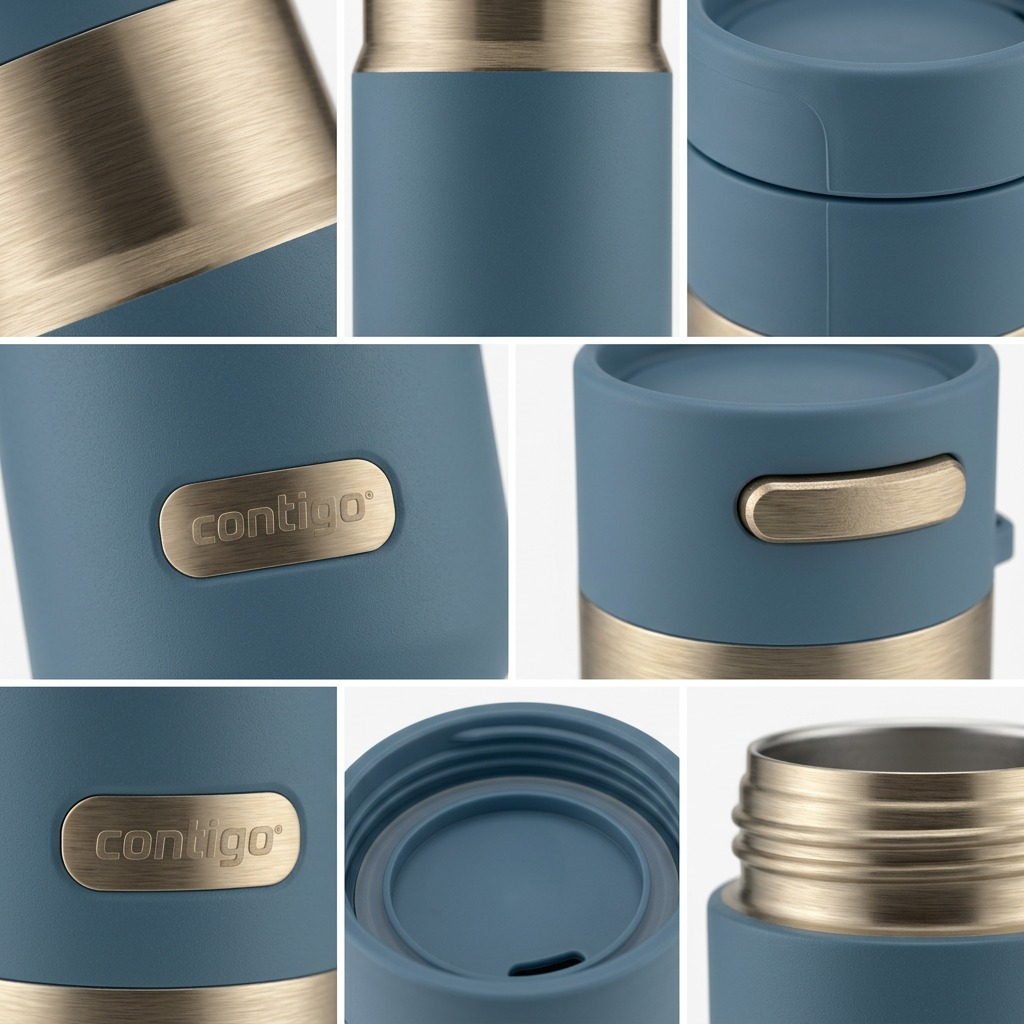 Macro details of the Contigo 10oz Autoseal Tumbler in Denim, showing the lid seal and logo badge.