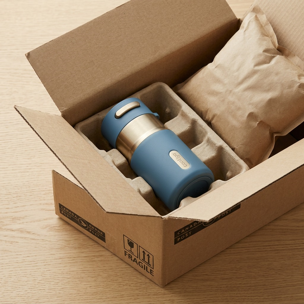 A denim blue Contigo 10oz Autoseal tumbler securely packed in a protective shipping box for delivery.