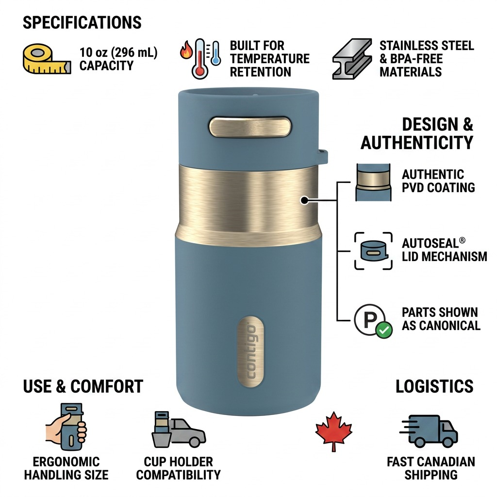 Infographic for Contigo 10oz Denim Tumbler showing Autoseal lid, BPA-free build, and fast shipping.