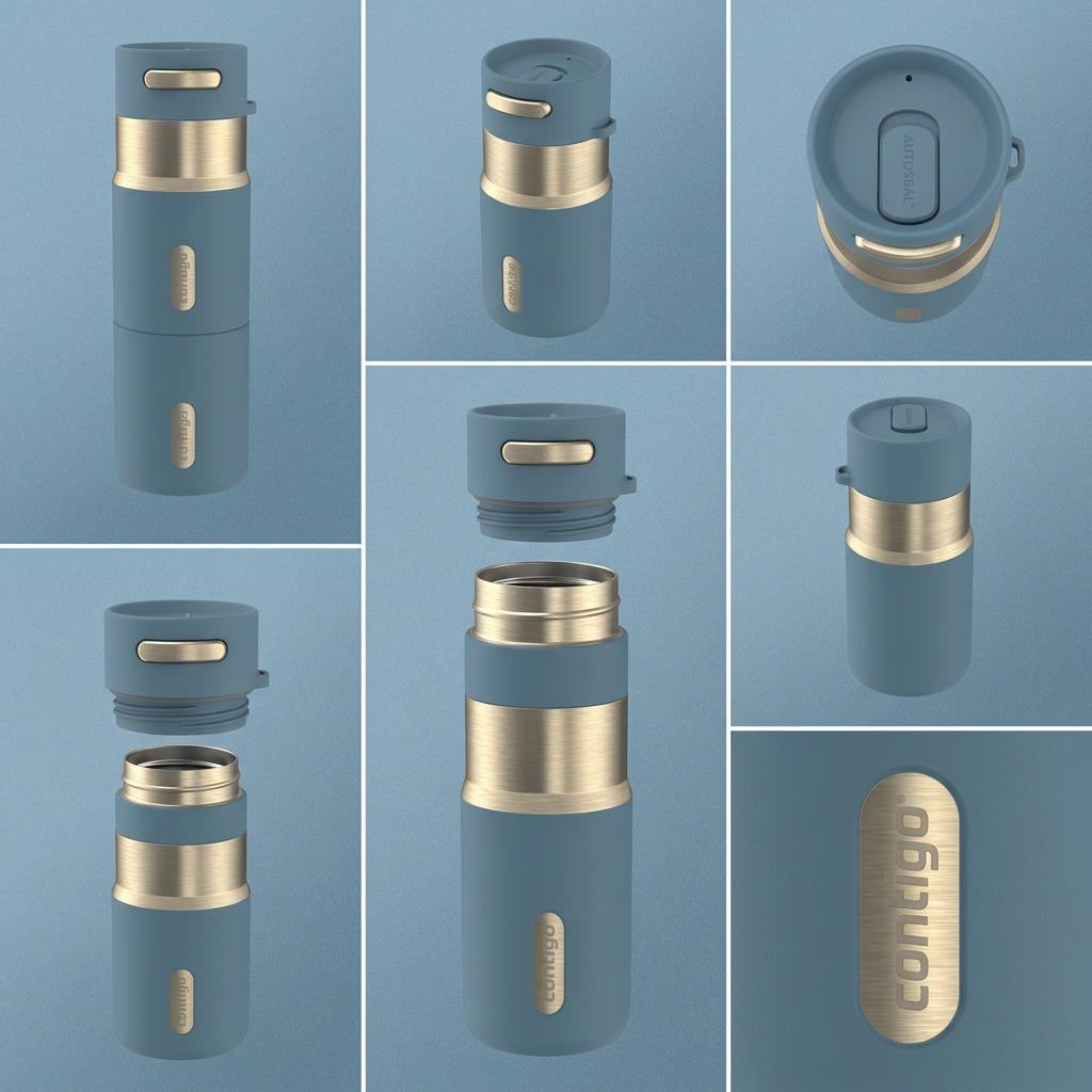 Multiple views of the 10oz Denim Contigo Autoseal PVD Tumbler showing lid, button, and body detail.