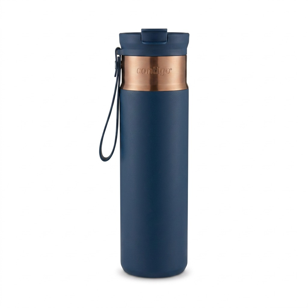 Contigo 24 oz Dual Sip PVD bottle in Abyss blue with a copper accent and carry loop.