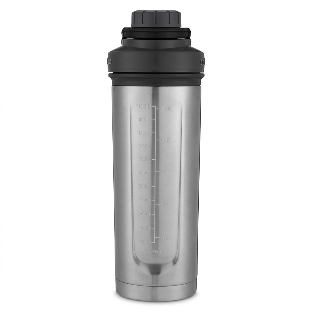 Contigo 24 oz stainless steel AutoPop shaker bottle with black lid and engraved volume markings.