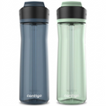 A pure high-resolution hero shot of two Contigo Ashland water bottles, one blueberry and one agave, centered on a crisp white background, as seen in image_0.png.