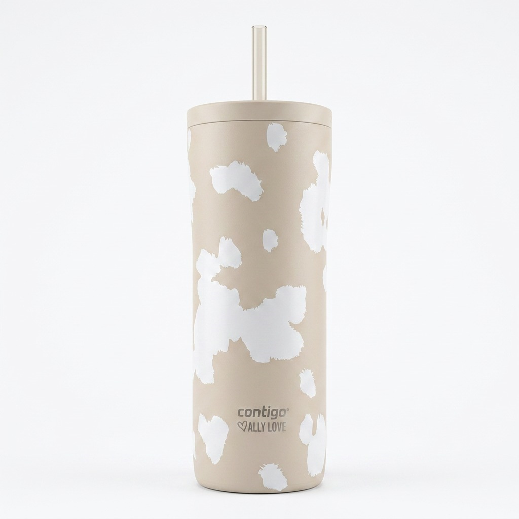 Contigo x Ally Love Streeterville 2.0 24oz stainless steel tumbler in Oatmilk with cow print.