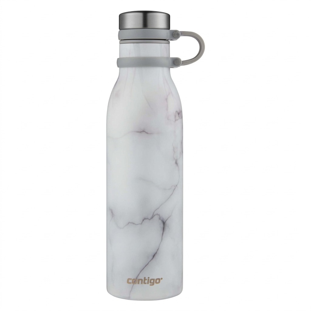 Contigo Couture Matterhorn 20oz stainless steel water bottle in White Marble with a carry loop.