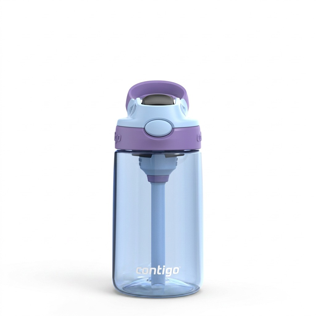 Contigo Autospout Kids’ 14 oz Water Bottle in Periwinkle Amethyst with a light blue straw and lid.