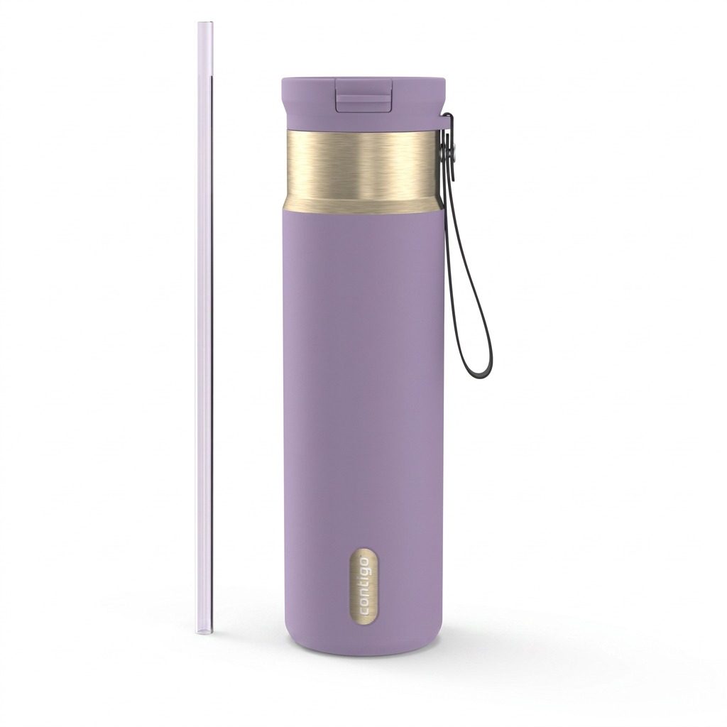 Contigo 24 oz Snapseal Travel Mug in Purple Carrot with gold trim, carry loop, and reusable straw.