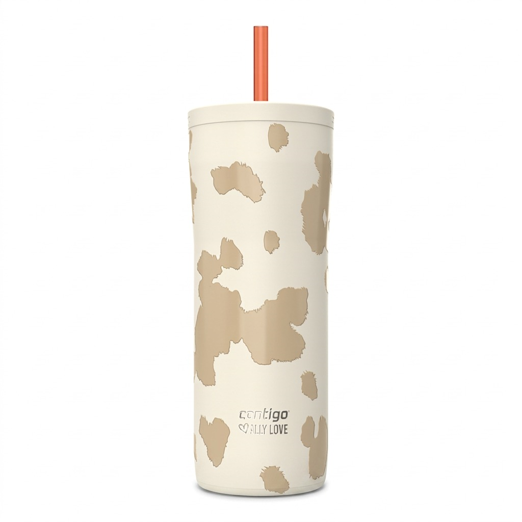 Contigo 24oz Streeterville 2.0 Tumbler in Oatmilk cow print with an orange straw on white.