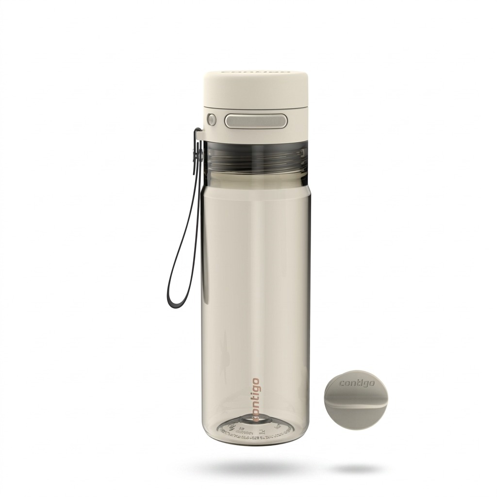 Contigo 24 oz Autopop w Agit Ball Plastic Oatmilk bottle and agitator on a white background.