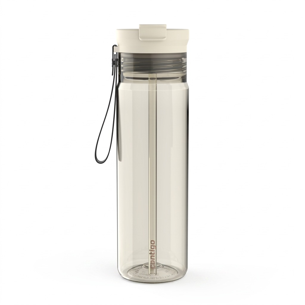 A high-resolution ecommerce hero shot of the Contigo 28 oz Dual Sip Plastic Oatmilk water bottle.