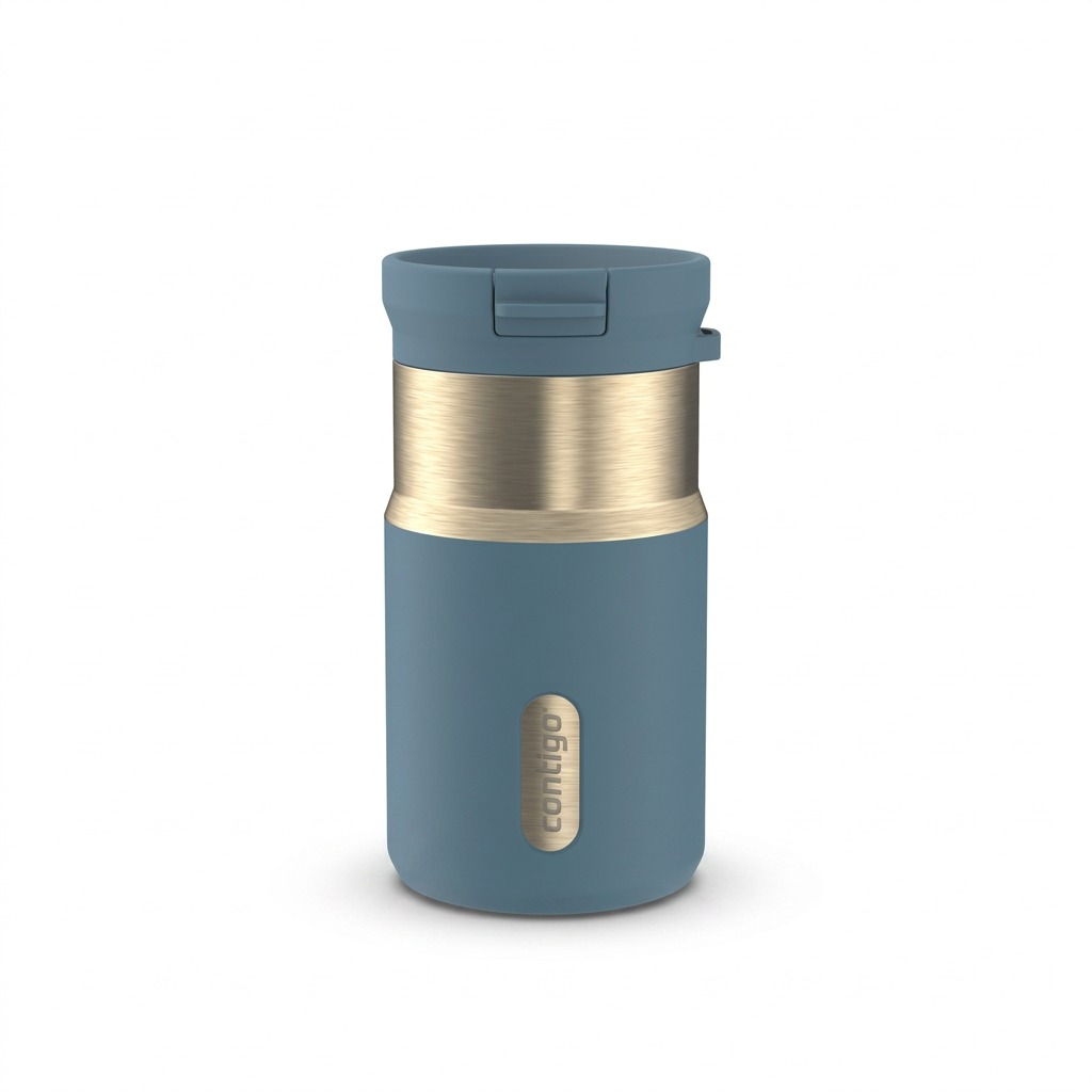 Contigo 10oz SnapSeal Travel Mug in Denim Blue with gold-tone accents and leak-proof lid.