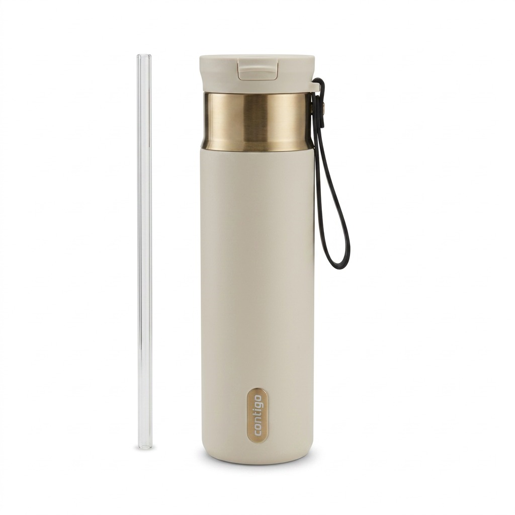 Contigo 24 oz Snapseal Travel Mug in Oatmilk with PVD finish, featuring a clear straw and carry loop.