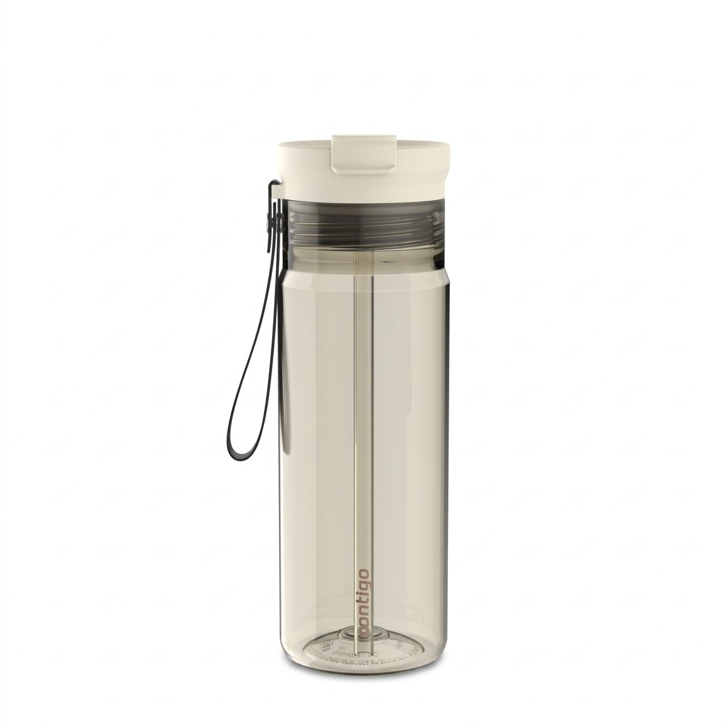 Contigo 24 oz Dual Sip water bottle in Oatmilk with clear body, straw, and carry loop.