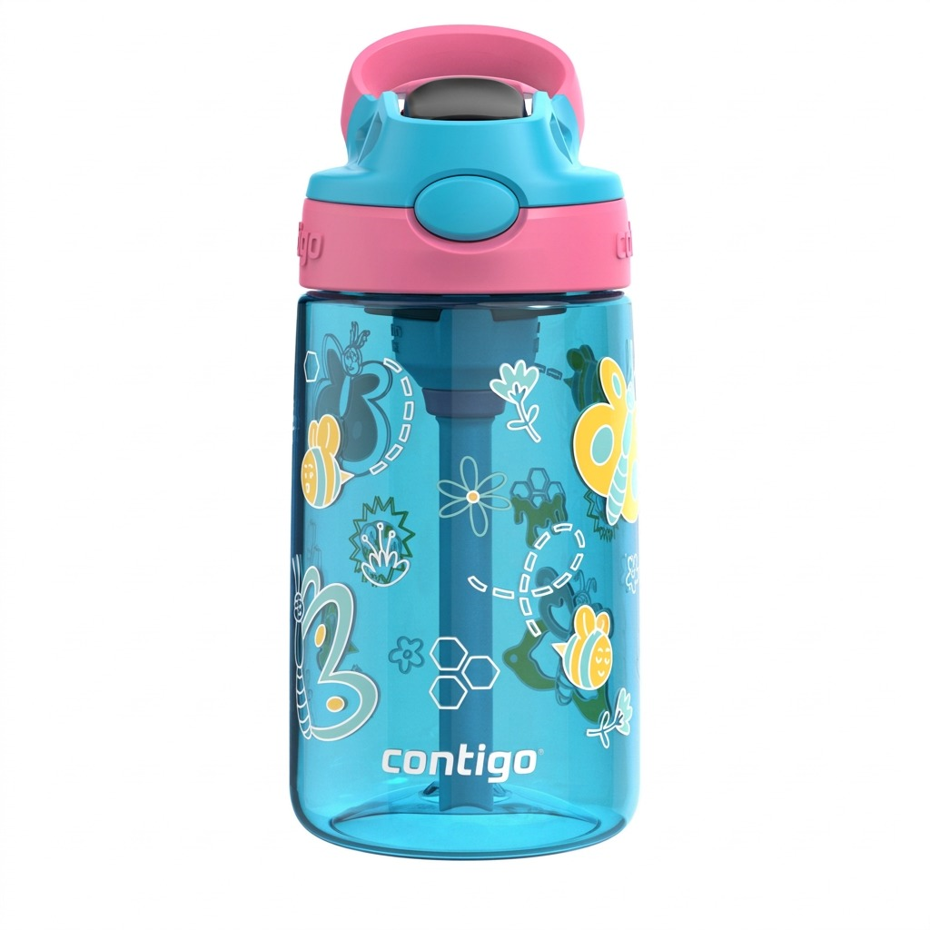 Contigo 14 oz kids' water bottle in Blue Raspberry with butterfly graphics and pink Autospout lid.