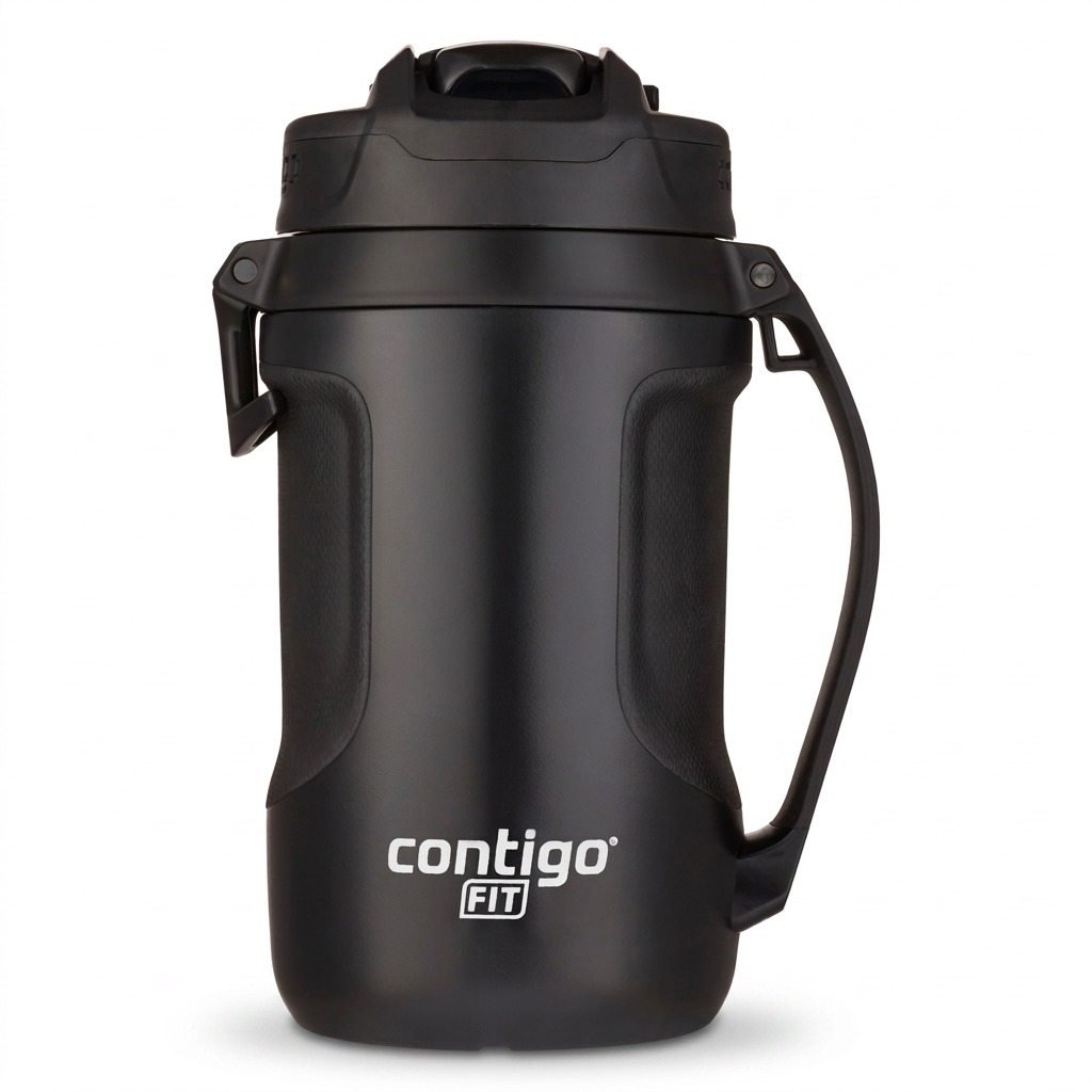 Contigo Fit Autospout 64oz Jug in Black Licorice with integrated handle and foam-insulated body.