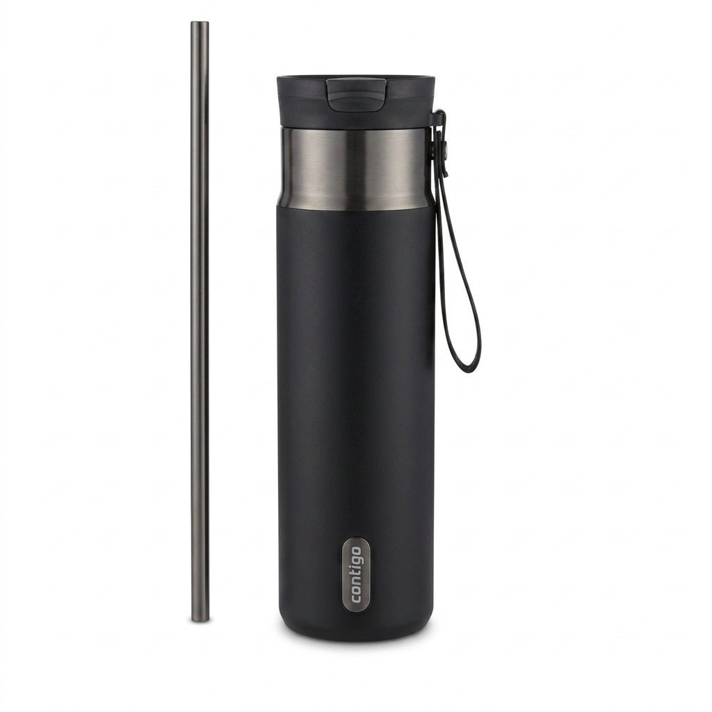 Contigo 24 oz Snapseal PVD Stainless Steel Travel Mug in Licorice Gunmetal with matching straw.