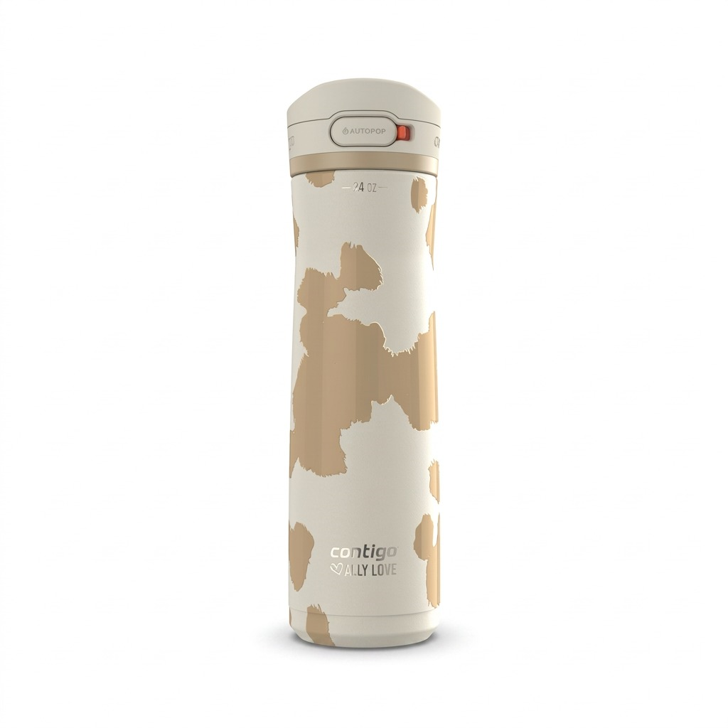 Contigo Ally Love Jackson Chill 2.0 24oz water bottle in Oatmilk cow print with AUTOPOP lid.
