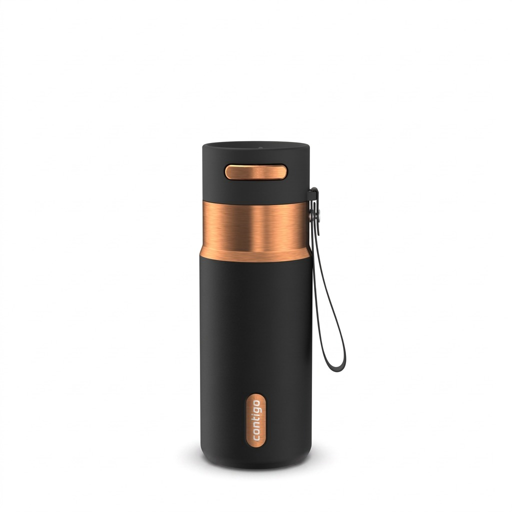 Contigo 16oz Autoseal travel mug in matte black with premium Licorice Bronze PVD accents.