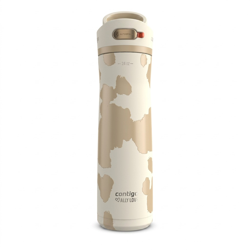 Contigo x Ally Love Ashland Chill 2.0 24oz water bottle with Oatmilk cow print and Autospout lid.