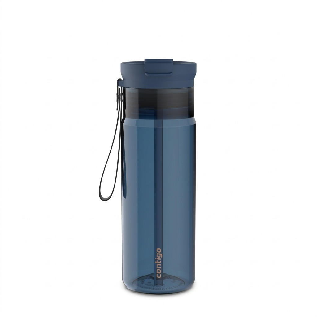 Contigo 24 oz Dual Sip plastic water bottle in Abyss blue with leak-proof lid and straw.