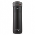 A high-resolution product shot of the black Contigo Jackson Chill 2.0 Water Bottle on a pure white background. The bottle is centered and upright, showing its textured grip and AUTOPOP lid with a red safety lock. The matte finish of the 20 oz stainless steel bottle is sharply defined, and a small Contigo logo is visible on the bottom edge.<ctrl46>