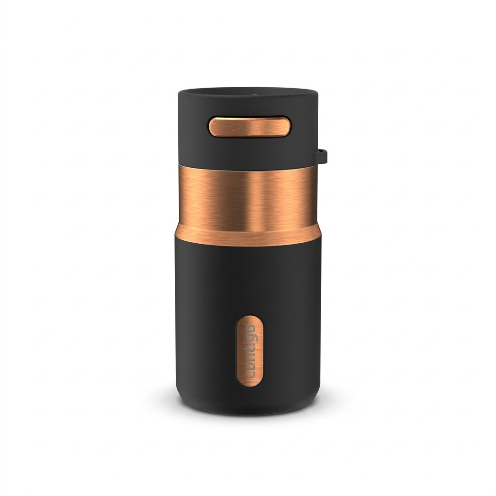 Contigo 10oz Autoseal PVD Tumbler in Licorice Bronze with matte black finish and copper accents.
