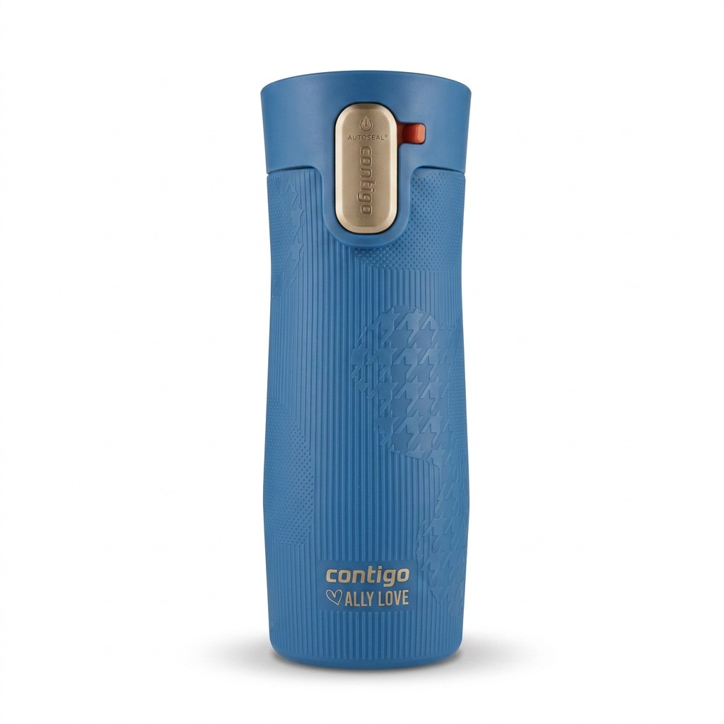 Contigo x Ally Love West Loop 3.0 16oz travel mug in Stellar Jay blue with gold AUTOSEAL lid.
