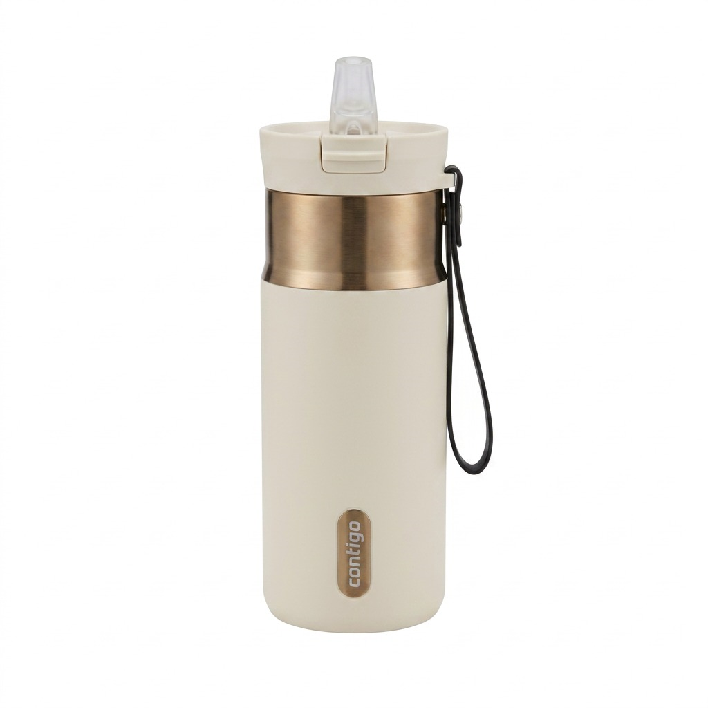 Contigo 16 oz Snapseal PVD Travel Mug in Oatmilk with gold trim, flip lid, and carry loop.