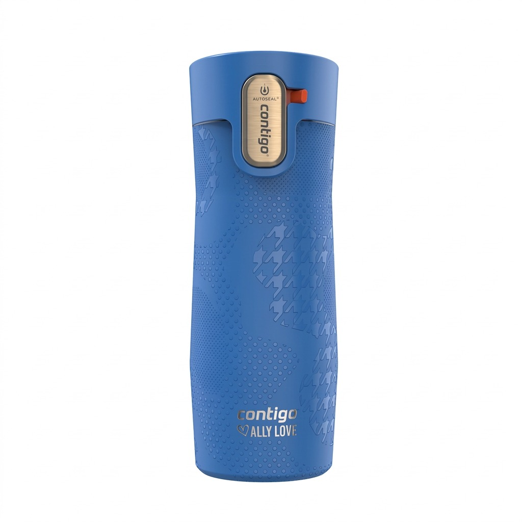 Contigo x Ally Love West Loop 3.0 16oz travel mug in Stellar Jay blue with houndstooth patterns.