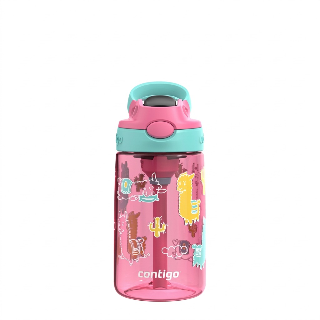 Contigo Kids 14oz Autospout water bottle in Azalea and Jade with a colorful llama and cactus pattern.