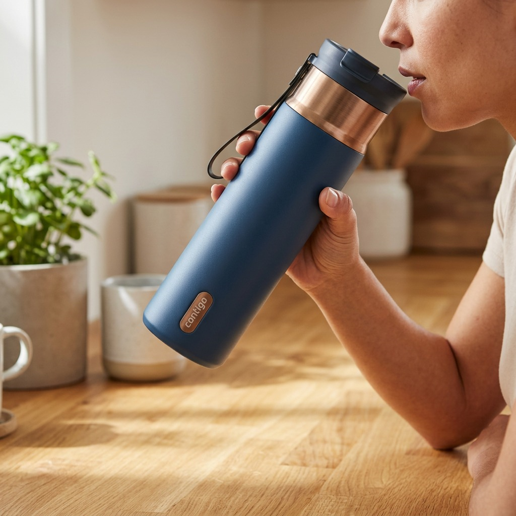 Person holding a blue 24 oz Contigo Dual Sip water bottle for scale in a bright kitchen setting.