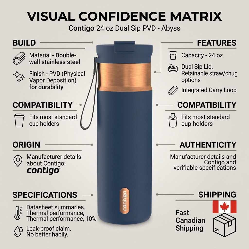 Infographic for Contigo 24 oz Dual Sip PVD Abyss bottle highlighting build, features, and shipping.